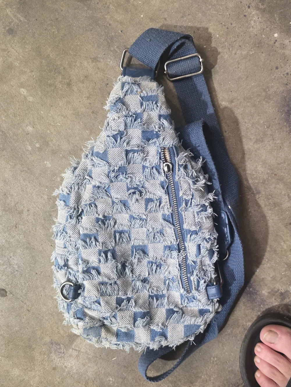 Frayed Denim Checker Crossbody Bag And Wallet Combo - Blue